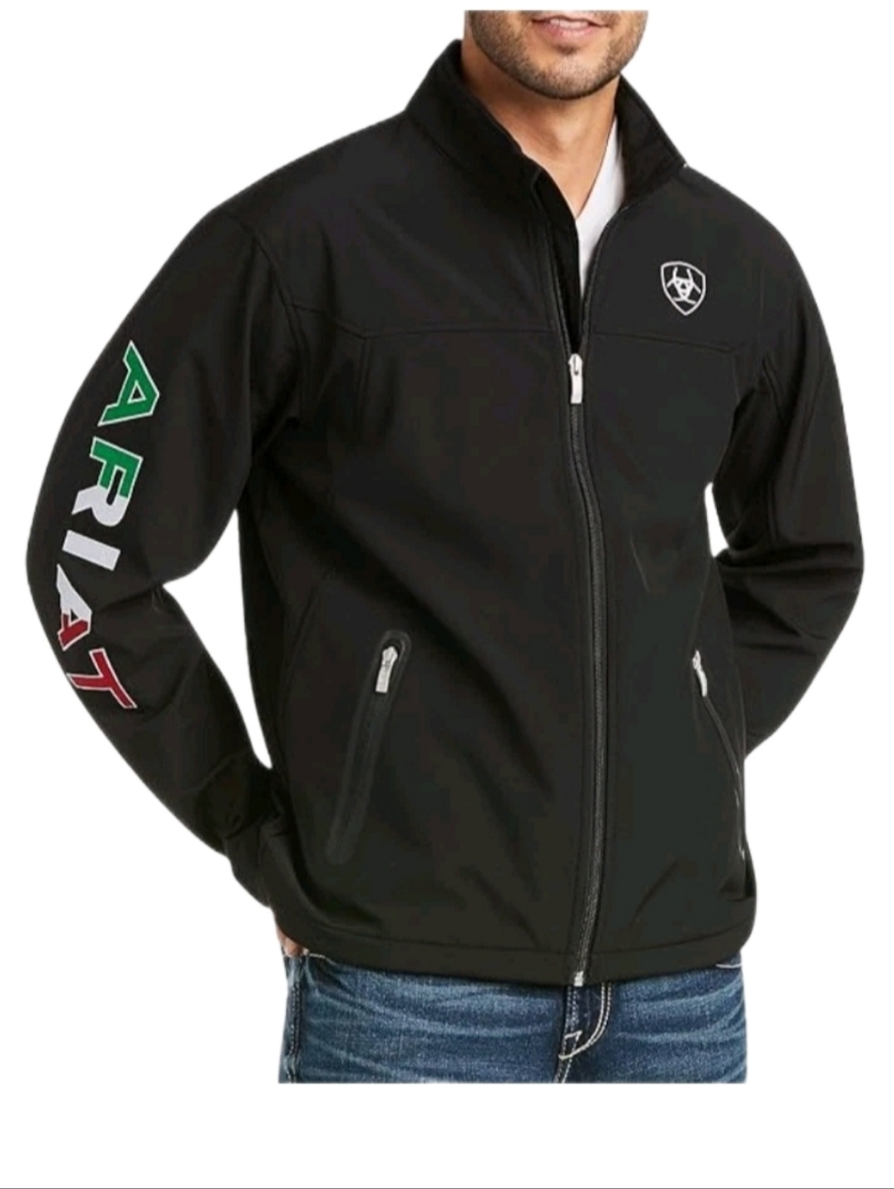 Ariat® Men's New Team Logo Black Mexico Flag Softshell Jacket Sz M